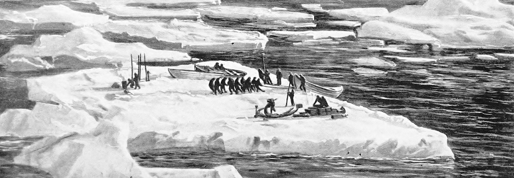 A black and white painting of the Ernest Shackleton expedition showing men and lifeboats on an ice floe in the ocean.