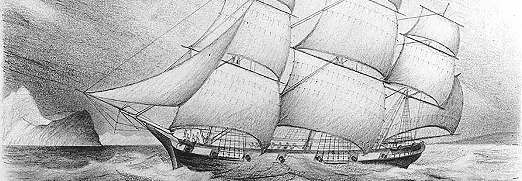 A black-and-white sketch shows the USS Decatur sailing ship from 1839 at sea with full sails billowing in the wind.
