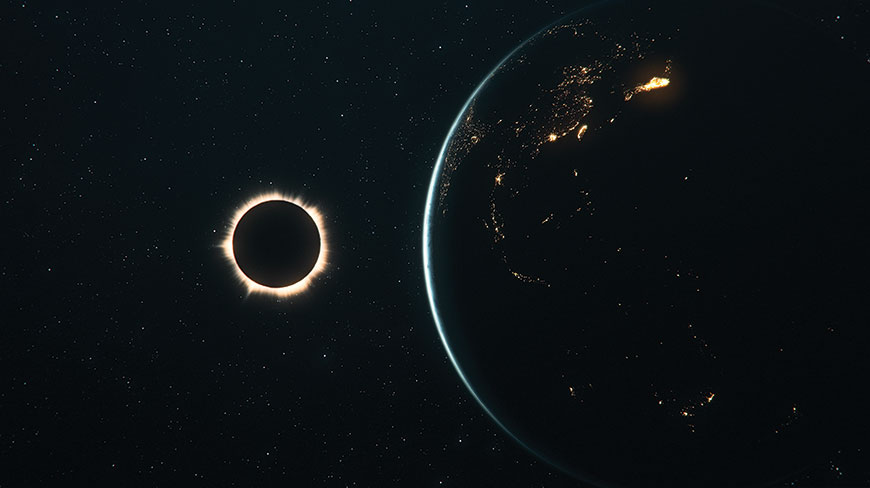 A solar eclipse seen from space next to the planet Earth, with its city lights glowing in the darkness.