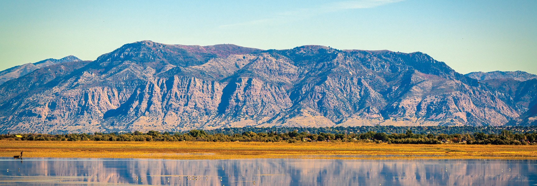 The rugged Wasatch mountains of Utah rise above a golden marshland and the calm, reflective waters of the Great Salt Lake.