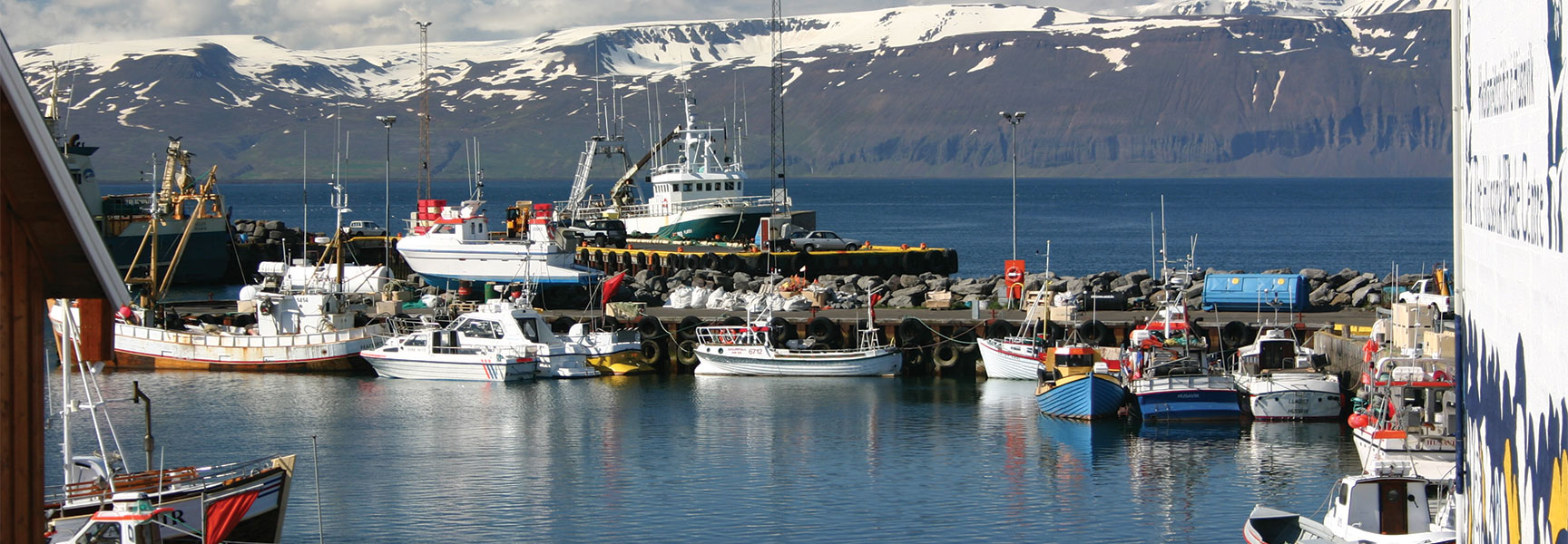 Fishing boats are docked in a polar harbor with snow-capped mountains in the background, representing activity in the frozen seas.