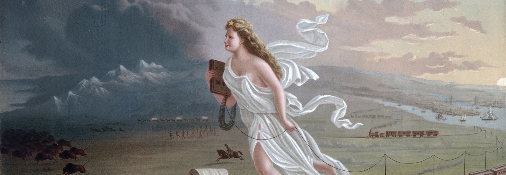 The painting "American Progress," depicting a woman floating westward over the American landscape, stringing telegraph wire and leading settlers as Native Americans flee.