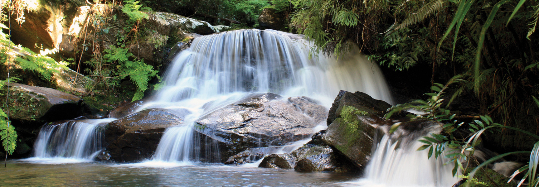 A waterfall cascades over mossy rocks in a lush, green forest in Madagascar.