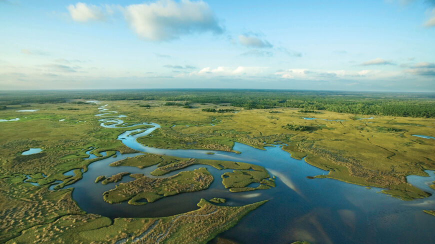 Aerial view of a winding waterway flowing through the vast green wetlands of the Florida Everglades.