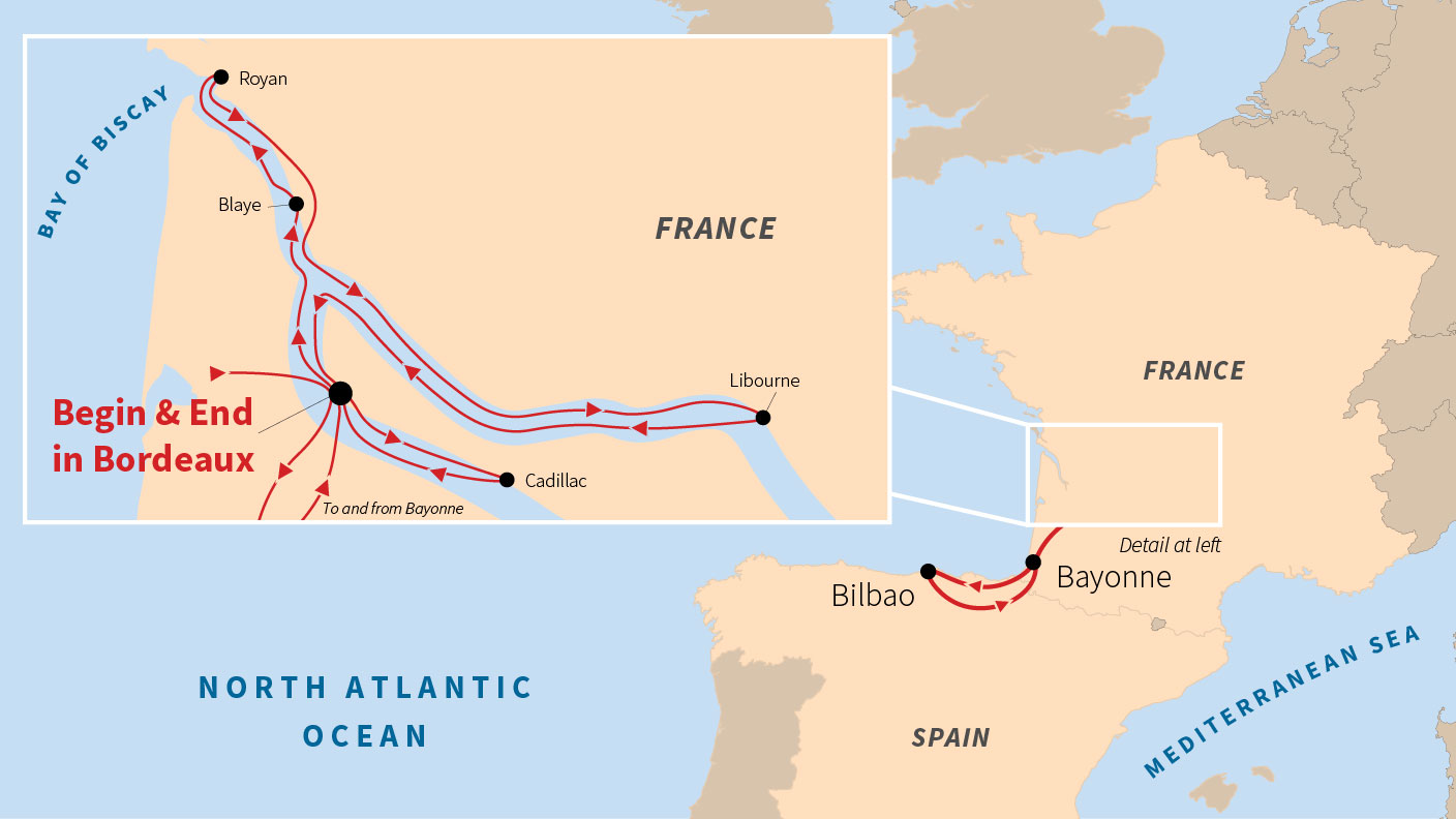 Map showing a travel route starting and ending in Bordeaux, France, with stops in Royan, Blaye, Libourne, Cadillac, Bayonne, and Bilbao, Spain.