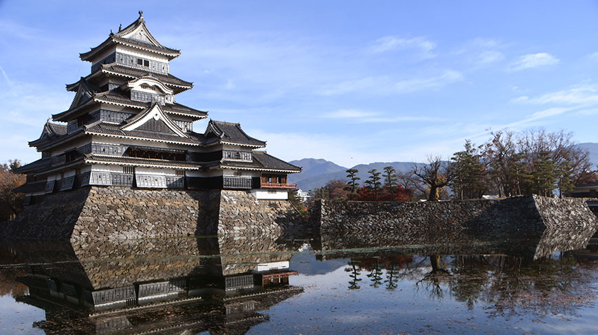 A traditional multi-tiered black and white Japanese castle sits on a stone foundation, reflected in the calm water of its surrounding moat.