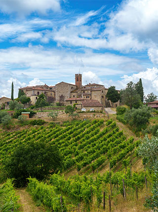 A scenic view of lush Chianti vineyards leading up to a stone hilltop village in Siena, Italy, under a bright, cloudy sky.