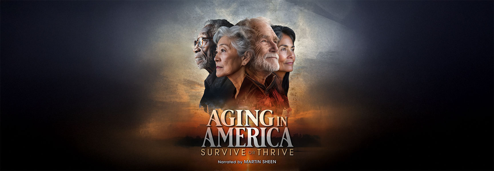 Poster for Aging in America: Survive or Thrive featuring four diverse seniors looking toward a sunset background.