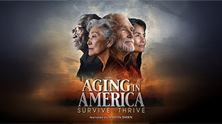 Poster for Aging in America: Survive or Thrive featuring four diverse seniors looking toward a sunset background.