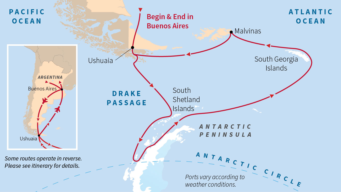 Map showing a Southern Ocean expedition route from Argentina to Antarctica, South Georgia, and the Malvinas Islands.