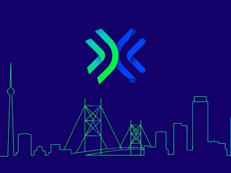 An abstract, stylized logo consisting of two interlocking ribbon-like shapes&mdash;one green and one blue&mdash;centered on a dark navy background. Below the logo is a minimalist, neon-style outline of a city skyline in green and blue gradients, featuring a tall observation tower and a suspension bridge.