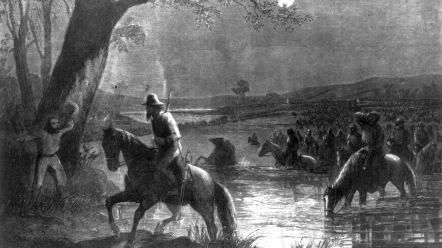 A drawing of the Confederate army crossing the Potomac River at night under a full moon, with soldiers on horseback wading through the water.