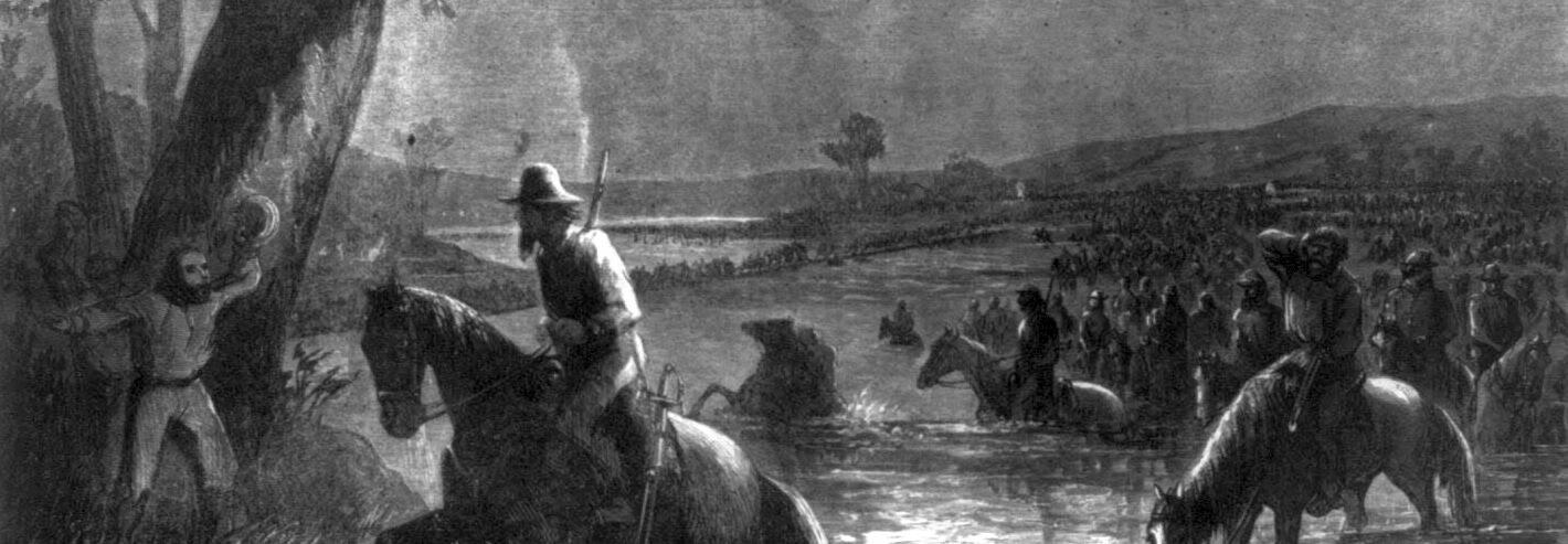 A drawing of the Confederate army crossing the Potomac River at night under a full moon, with soldiers on horseback wading through the water.