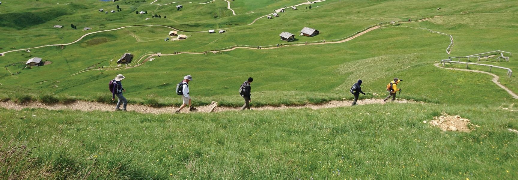 A group of five hikers walks down a dirt path on a vast, green hillside in the Austrian and Italian Alps.