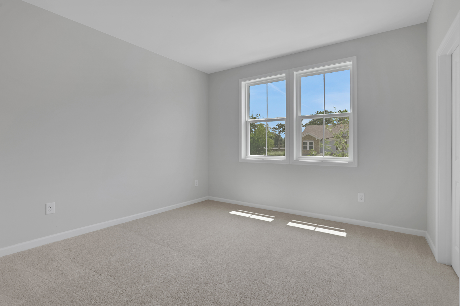 primary bedroom with windows and carpet