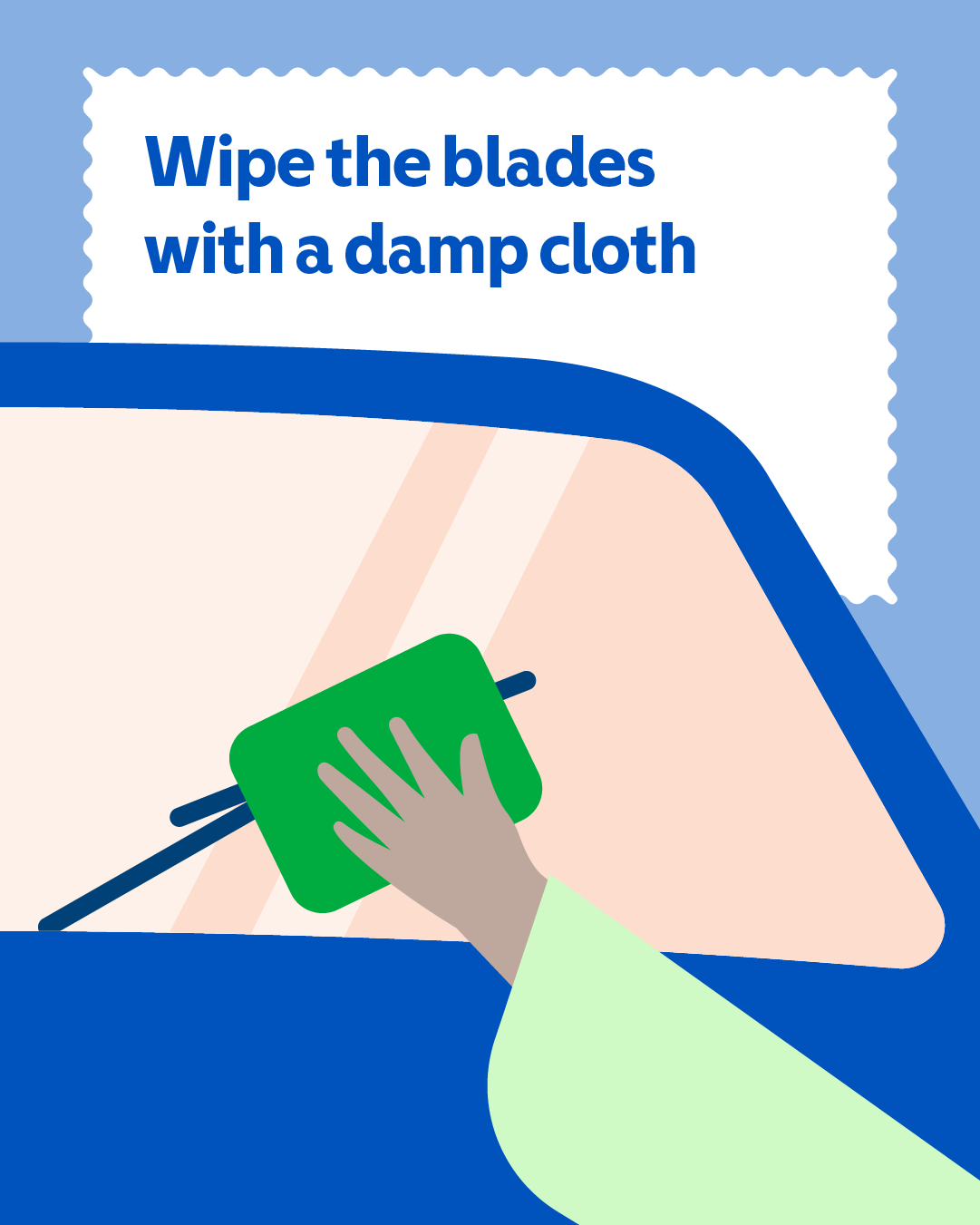 Image 1: Hand cleaning a windscreen wiper blade with a cloth. Text reads: “Wipe the blades with a damp cloth.”
