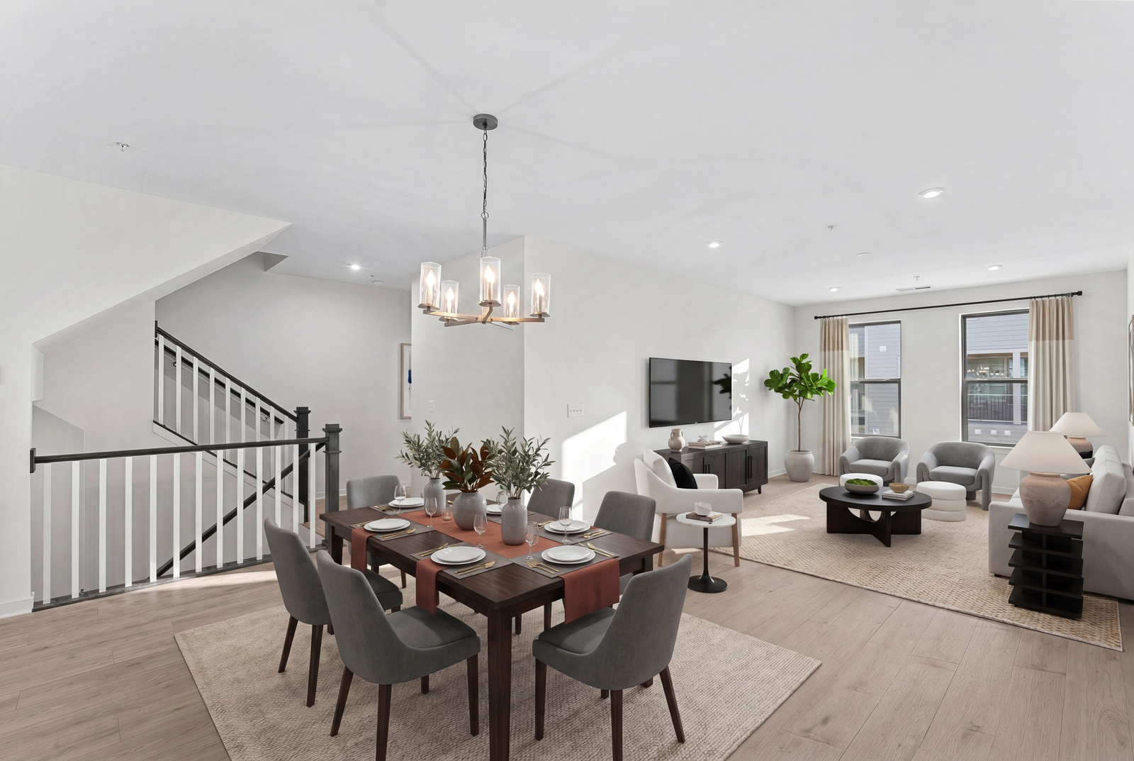 dining room table and chairs and pendant lighting