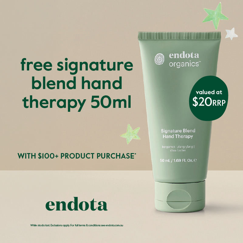 free signature blend hand therapy 50ml, with any $100+ product purchase at endota, image of a 50ml hand cream with stars