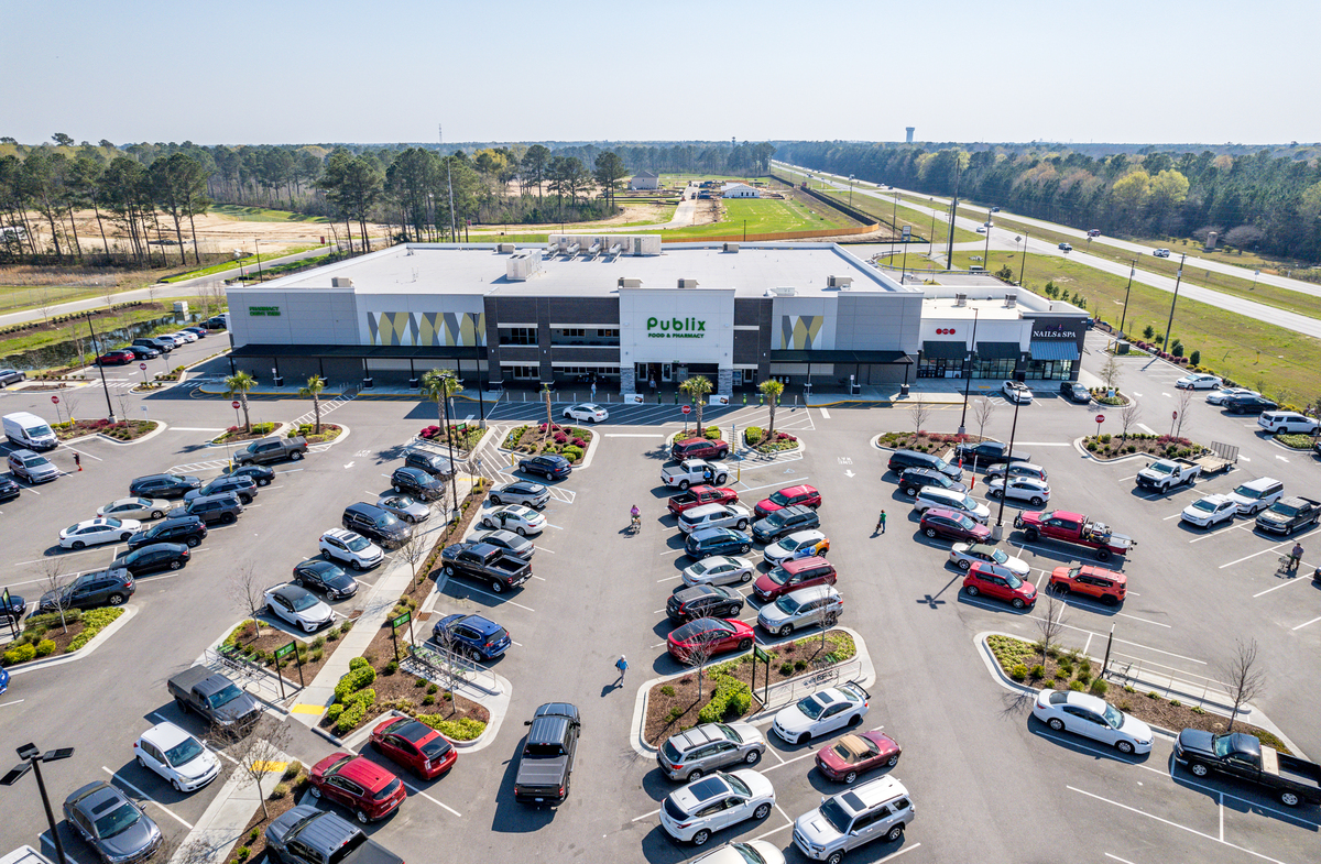aerial view of grocery store with community view