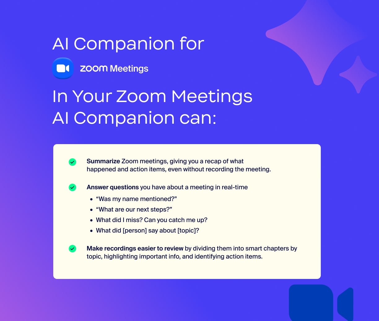 You can download and share assets like this graphic, detailing use cases for AI Companion in Zoom Meetings.
