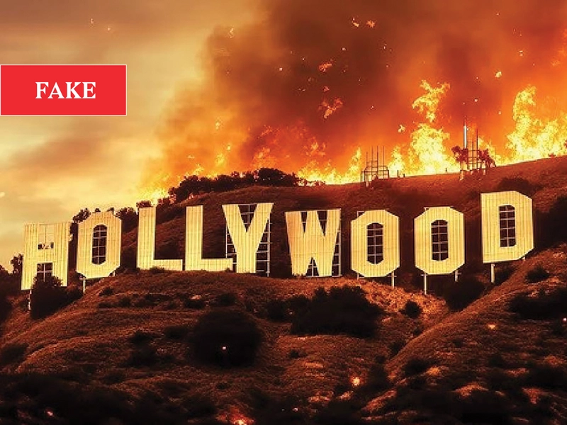 An AI-generated image depicts the iconic Hollywood sign surrounded by flames.