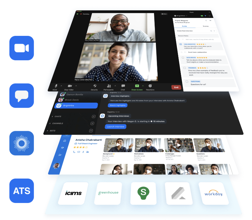 BrightHire Interview Assistant app integrates with an organization’s ATS and is built within Zoom Meetings.