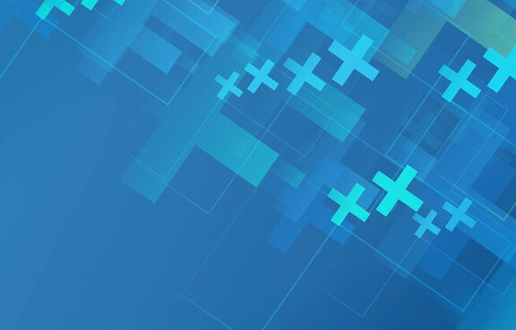 Abstract plus signs and blue geometric boxes