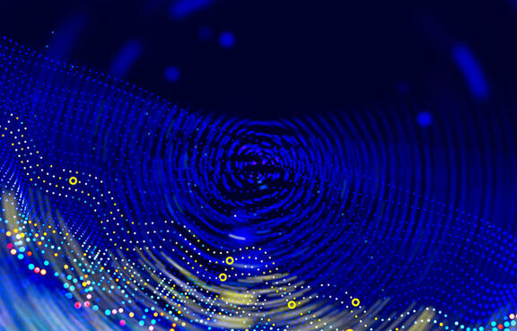 Abstract digital artwork of blue lines and dots on a black background 