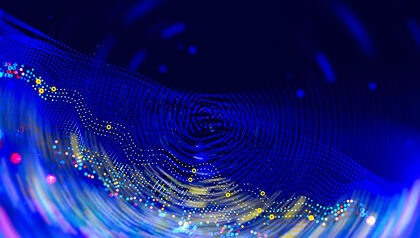 Abstract digital artwork of blue lines and dots on a black background 