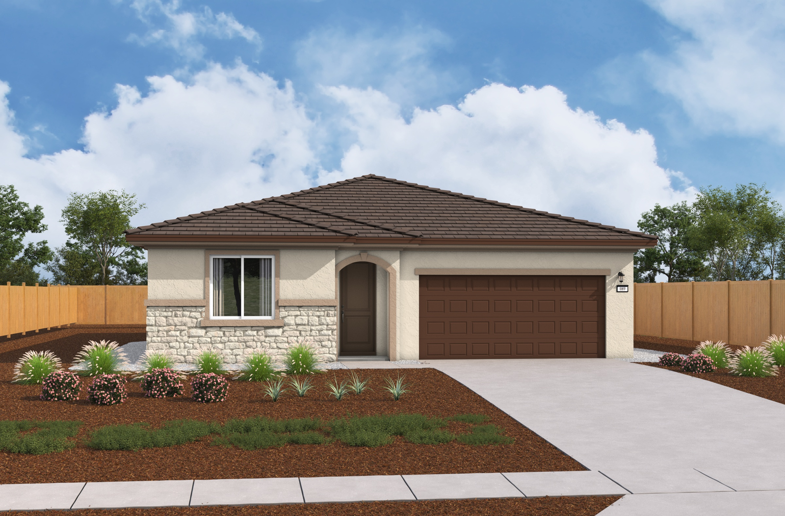 front exterior of single-story tan and brown home with stacked stone under window