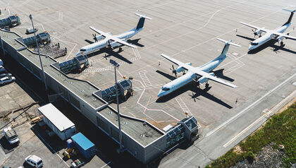 Aerial view of planes parked at airport terminal