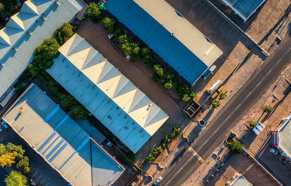 Aerial view of industrial buildings