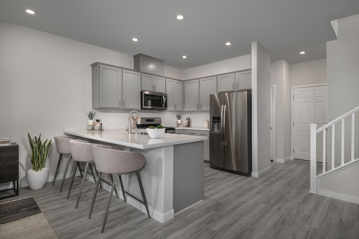 kitchen with island and gray cabinets