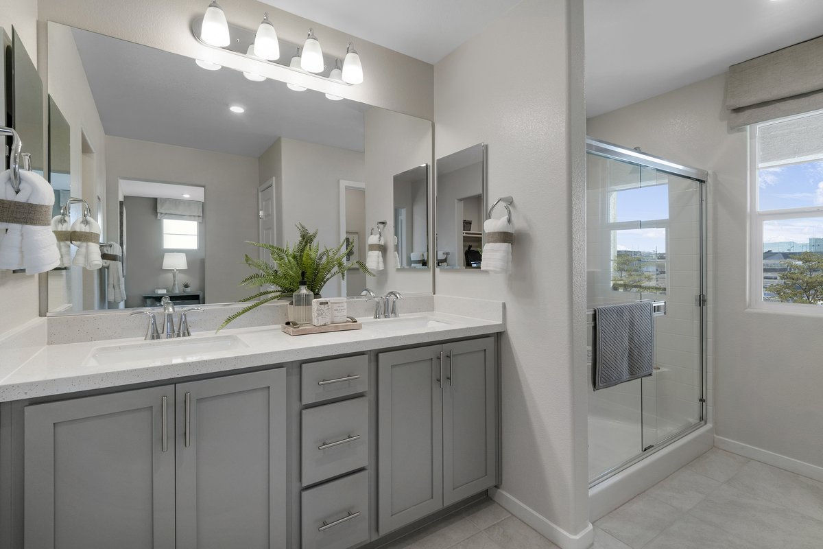 primary bathroom with gray cabinets