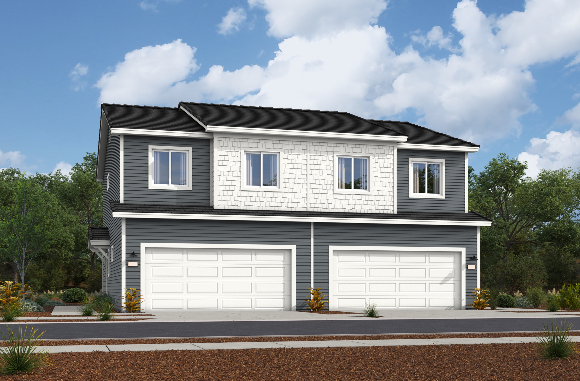 exterior rendering of two story duplex with white garage and desert landscaping