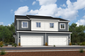 exterior rendering of two story duplex with white garage and desert landscaping