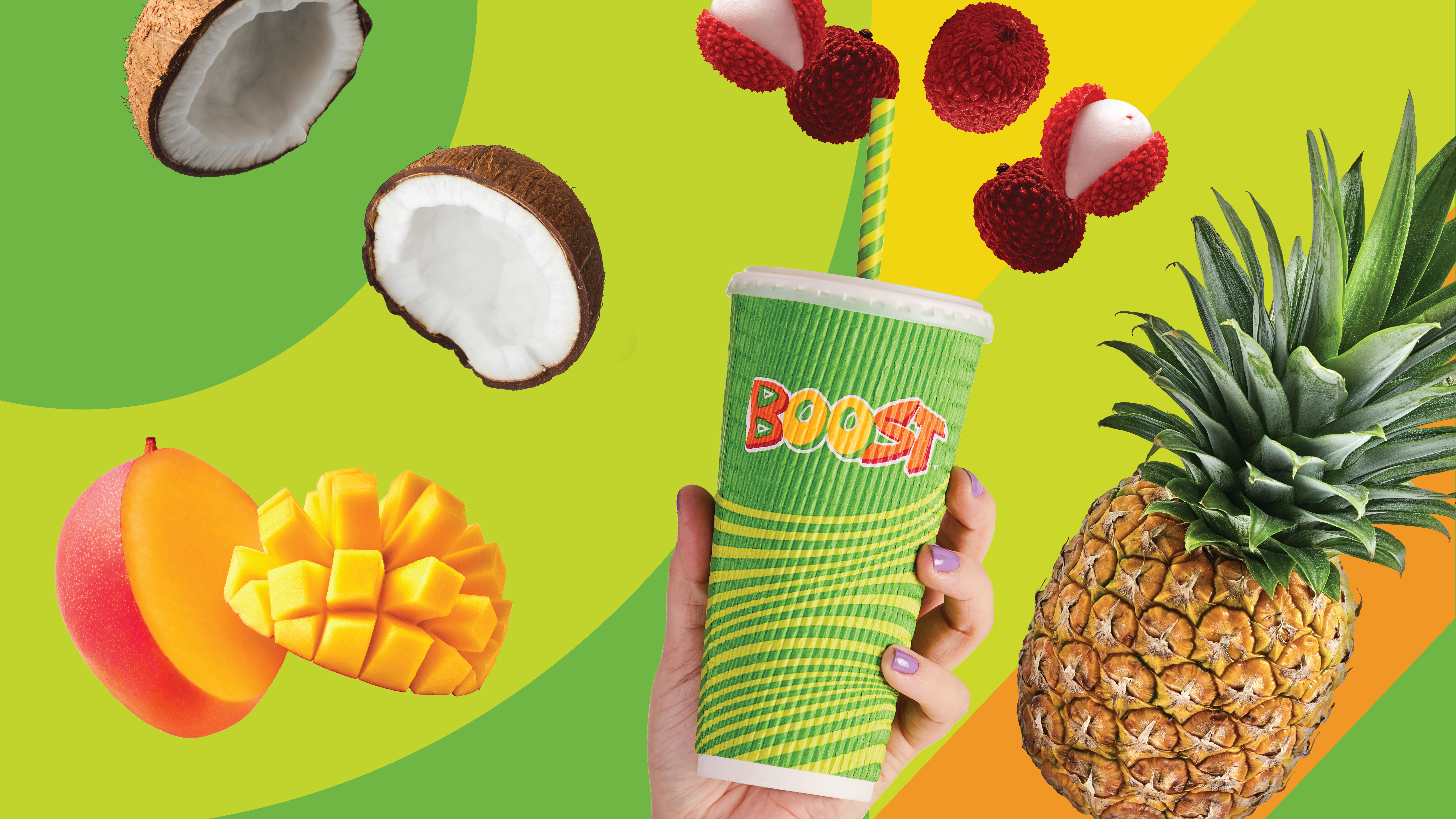 Boost header image, shows a hand holding a Boost juice cup on a vibrant background with various fruits surrounding it. 
