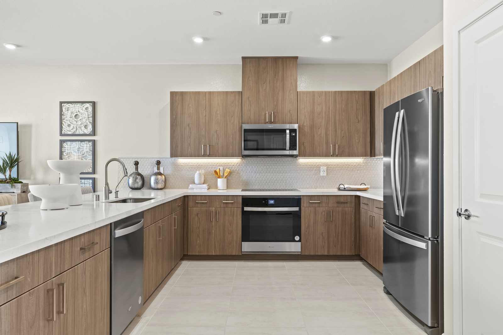 kitchen with brown cabinets and white countertops