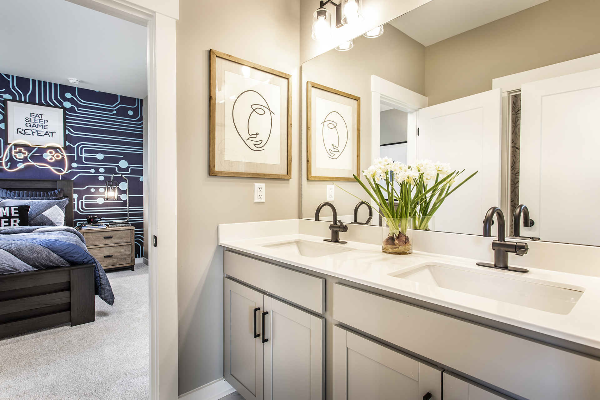 secondary bath with dual vanity and quartz counters