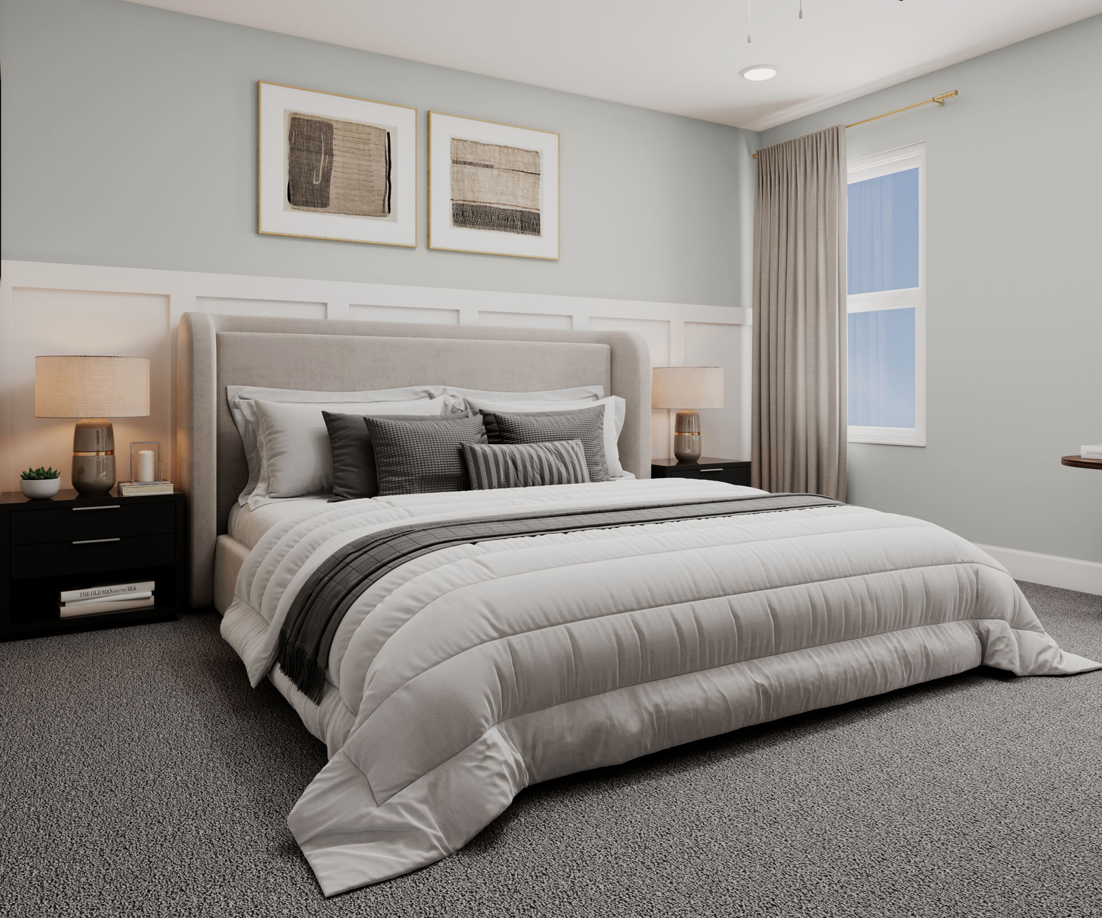 kig bed with accent wall and carpet floors