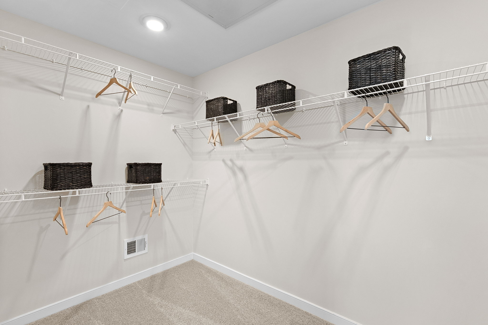 walk in closet with carpet and shelves for clothing