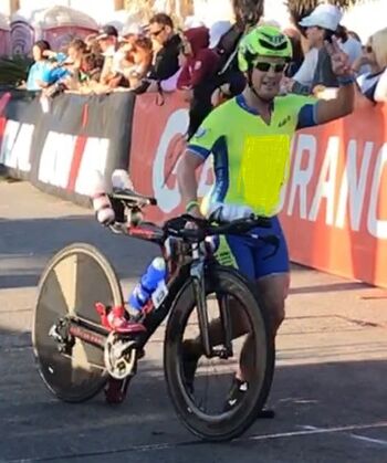 Jose Beltran finishing an Ironman race