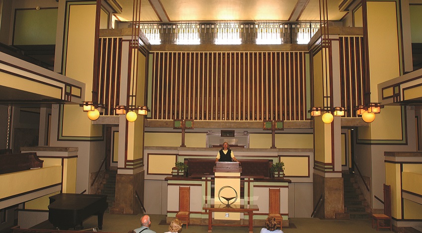 A broad view of the interior of Frank Lloyd Wright's Unity Temple