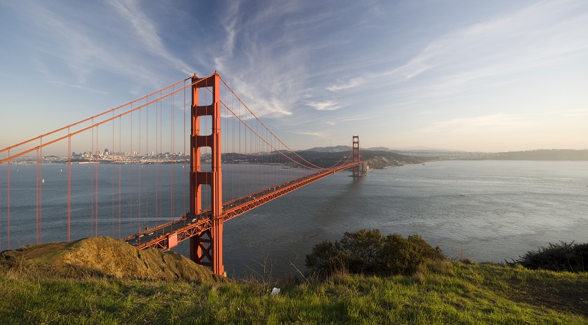 The Golden Gate Bridge arches over water, with green grass in the foreground