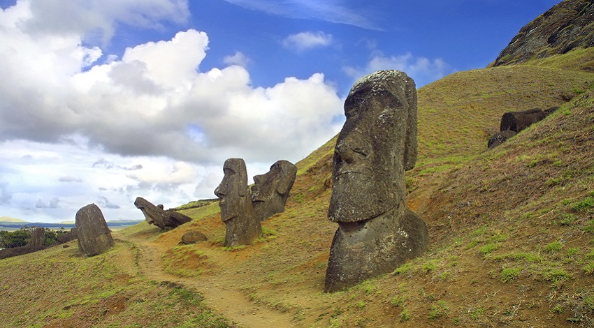 The moai, or carved statues, line a path on Easter Island