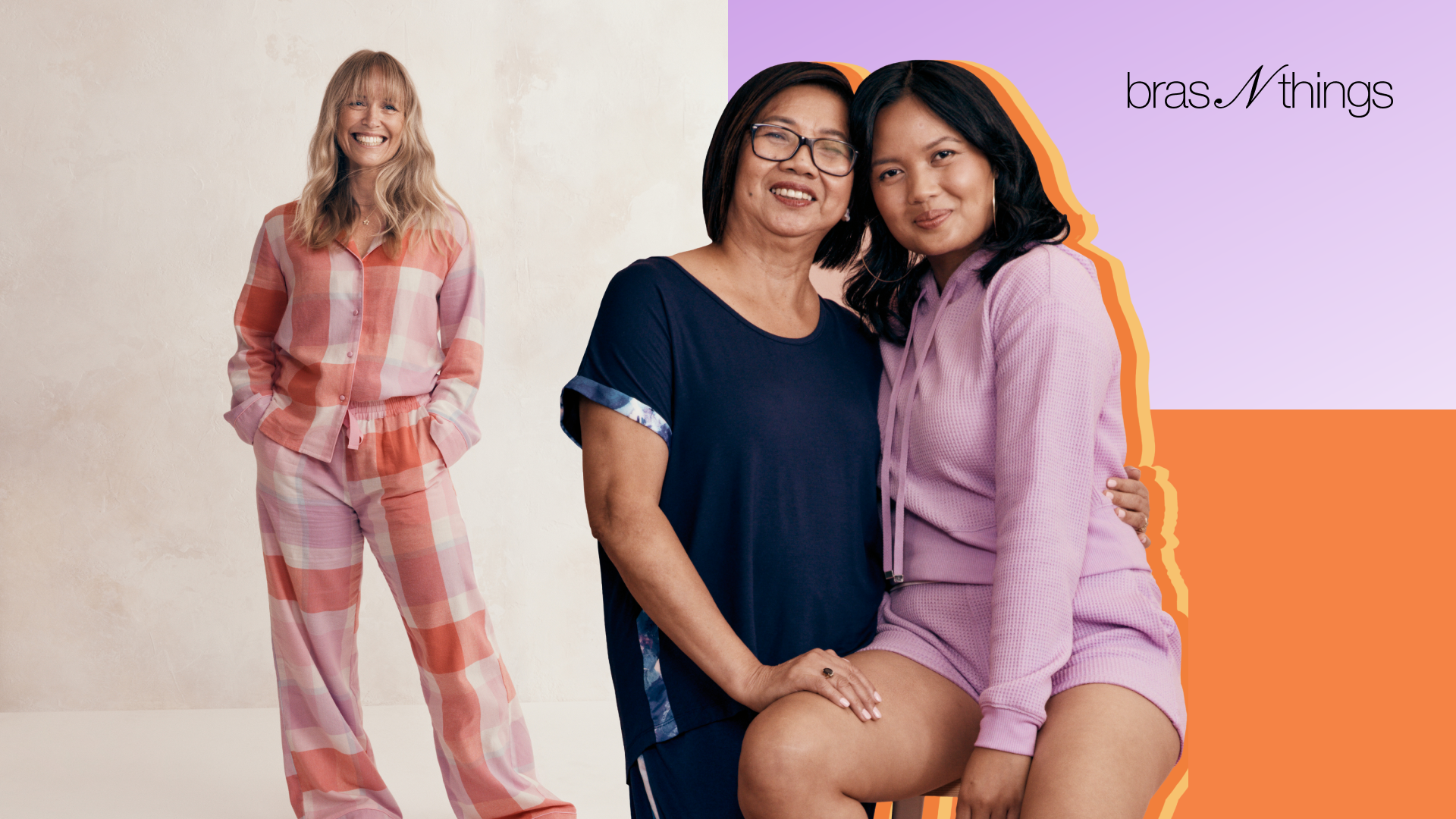 3 women in sleep wear and lounge wear, smiling 