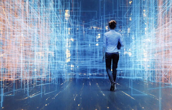 Woman walking through a virtual reality grid of lines