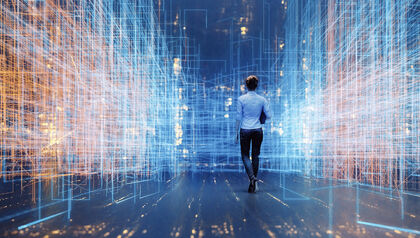 Woman walking through a virtual reality grid of lines