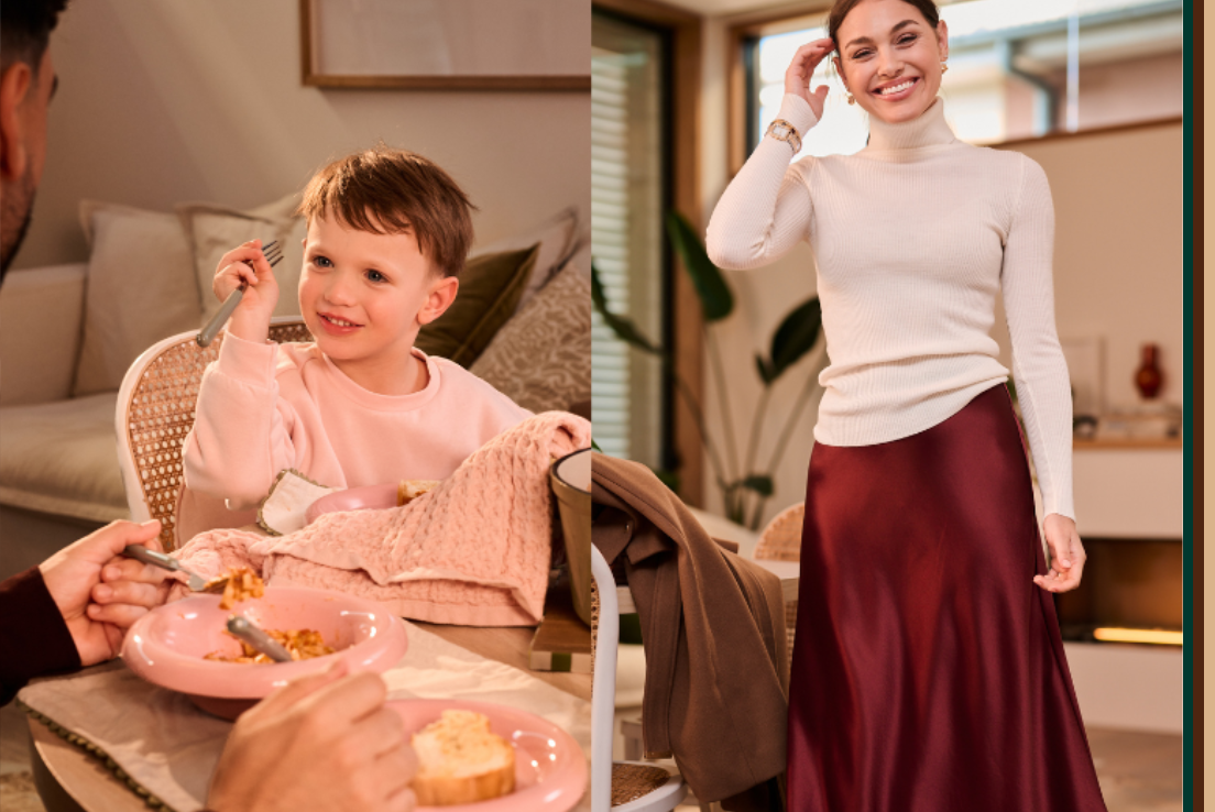 A split image featuring a child sitting at a dining table during a cosy family meal beside a woman wearing a cream knit top and burgundy satin skirt in a warm home setting.