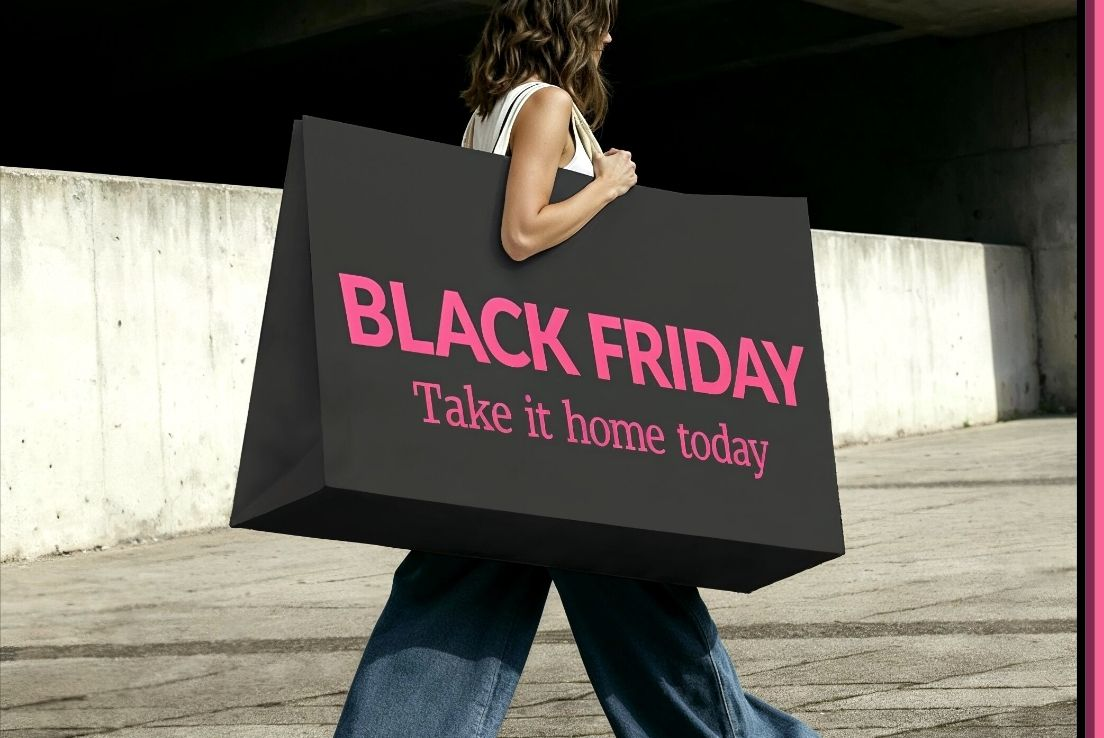 Lady walking with an oversized shopping bag